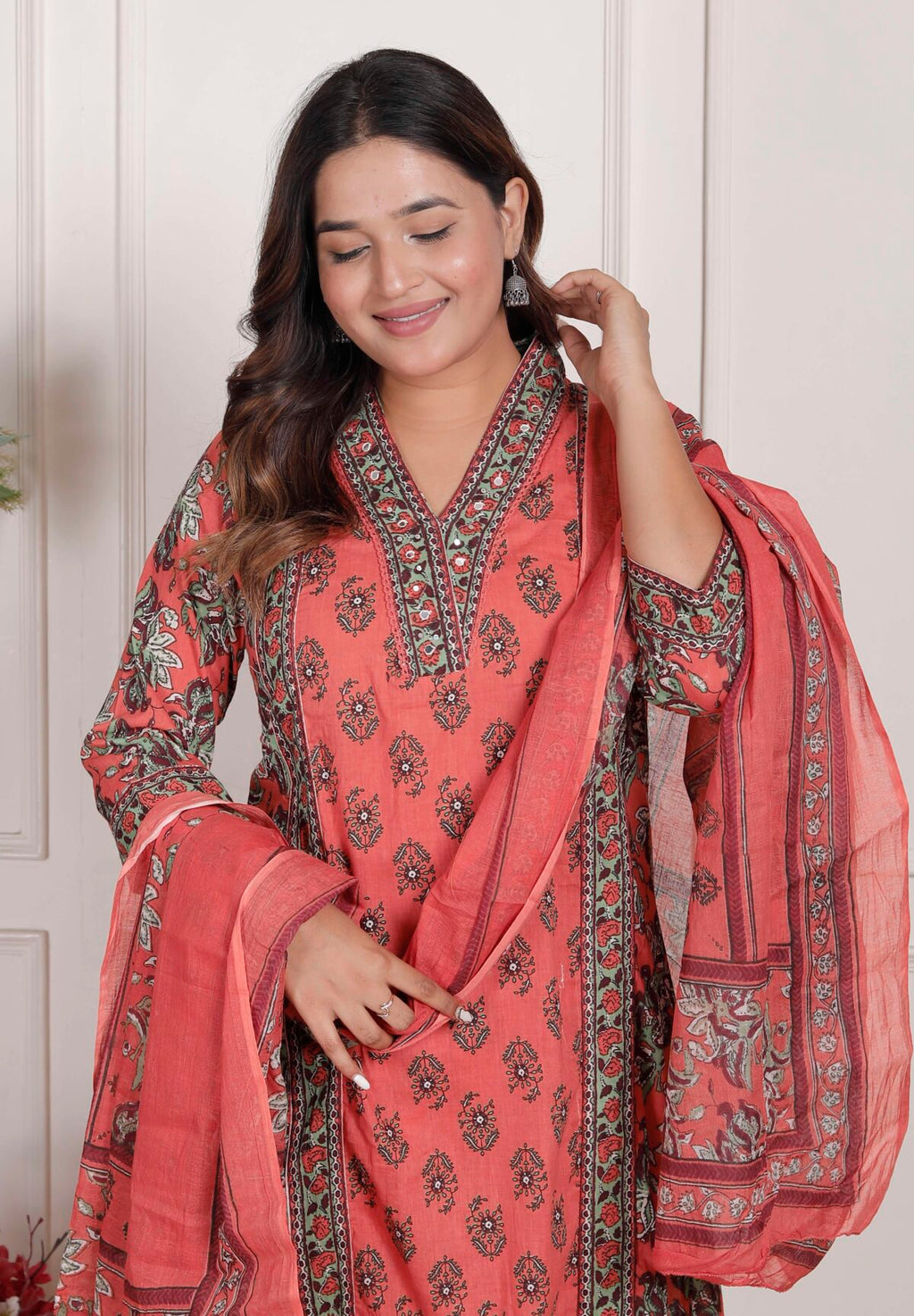 Women’s Cotton Printed Straight Kurti With Pant and Dupatta Set (PEACH)