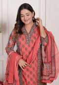 Women’s Cotton Printed Straight Kurti With Pant and Dupatta Set (PEACH)