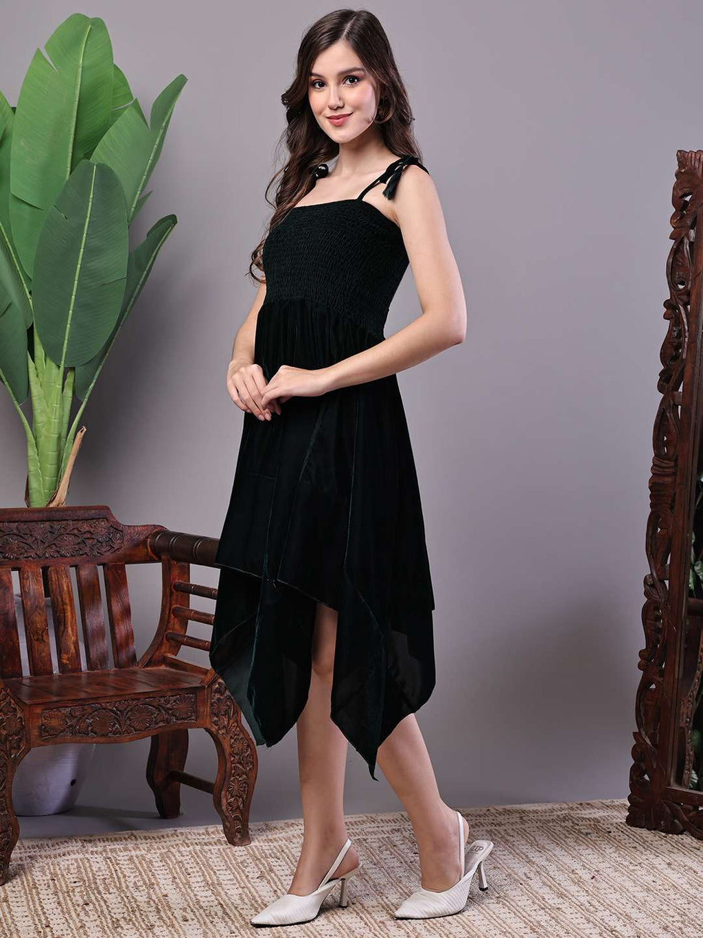 Women’s Bottle Green Junglee Pattern Velvet Handkerchief Hem Dress Midi Dresses