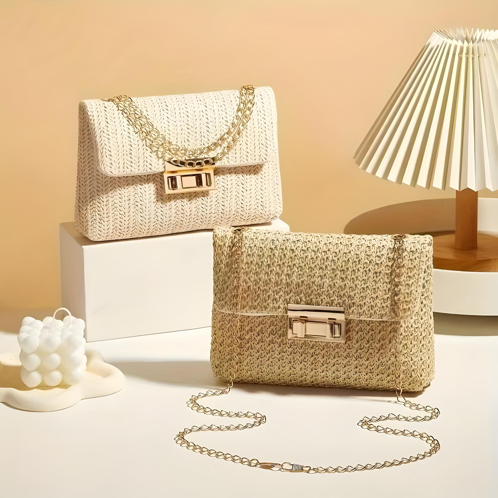 Straw Crossbody Bag With Gold Chain