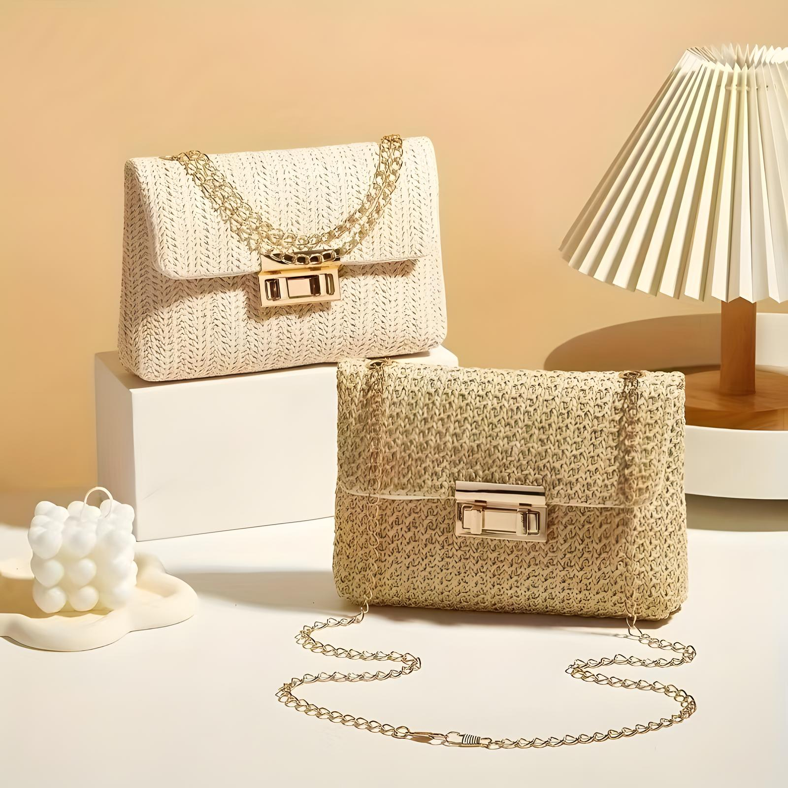Straw Crossbody Bag With Gold Chain