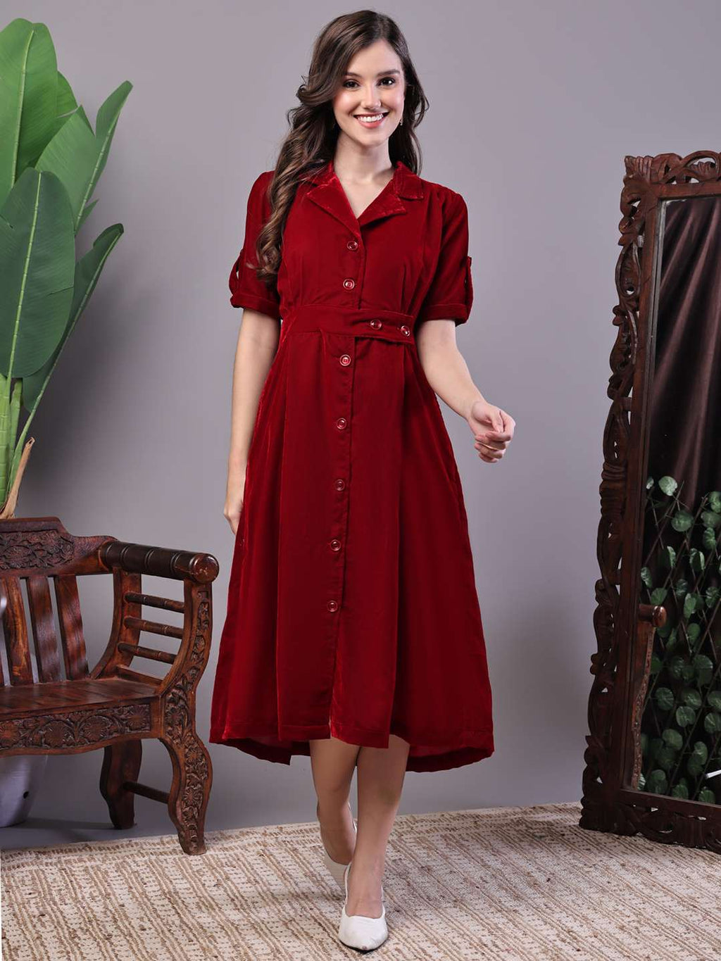 Women’s Maroon Velvet Solid Printed Shirt Midi Dress with Belt