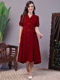 Women’s Maroon Velvet Solid Printed Shirt Midi Dress with Belt