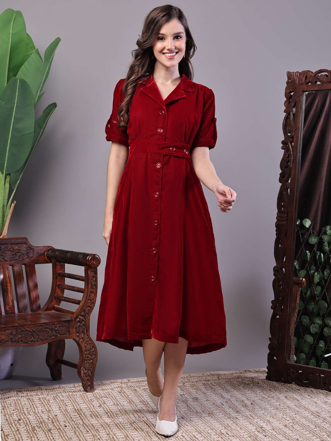 Women’s Maroon Velvet Solid Printed Shirt Midi Dress with Belt