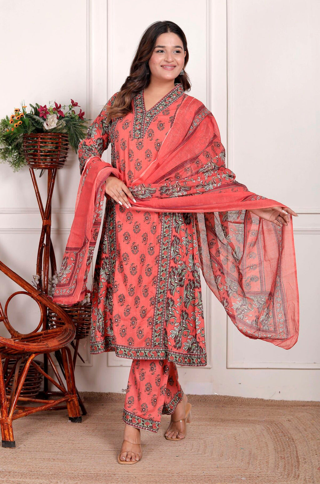 Women’s Cotton Printed Straight Kurti With Pant and Dupatta Set (PEACH)