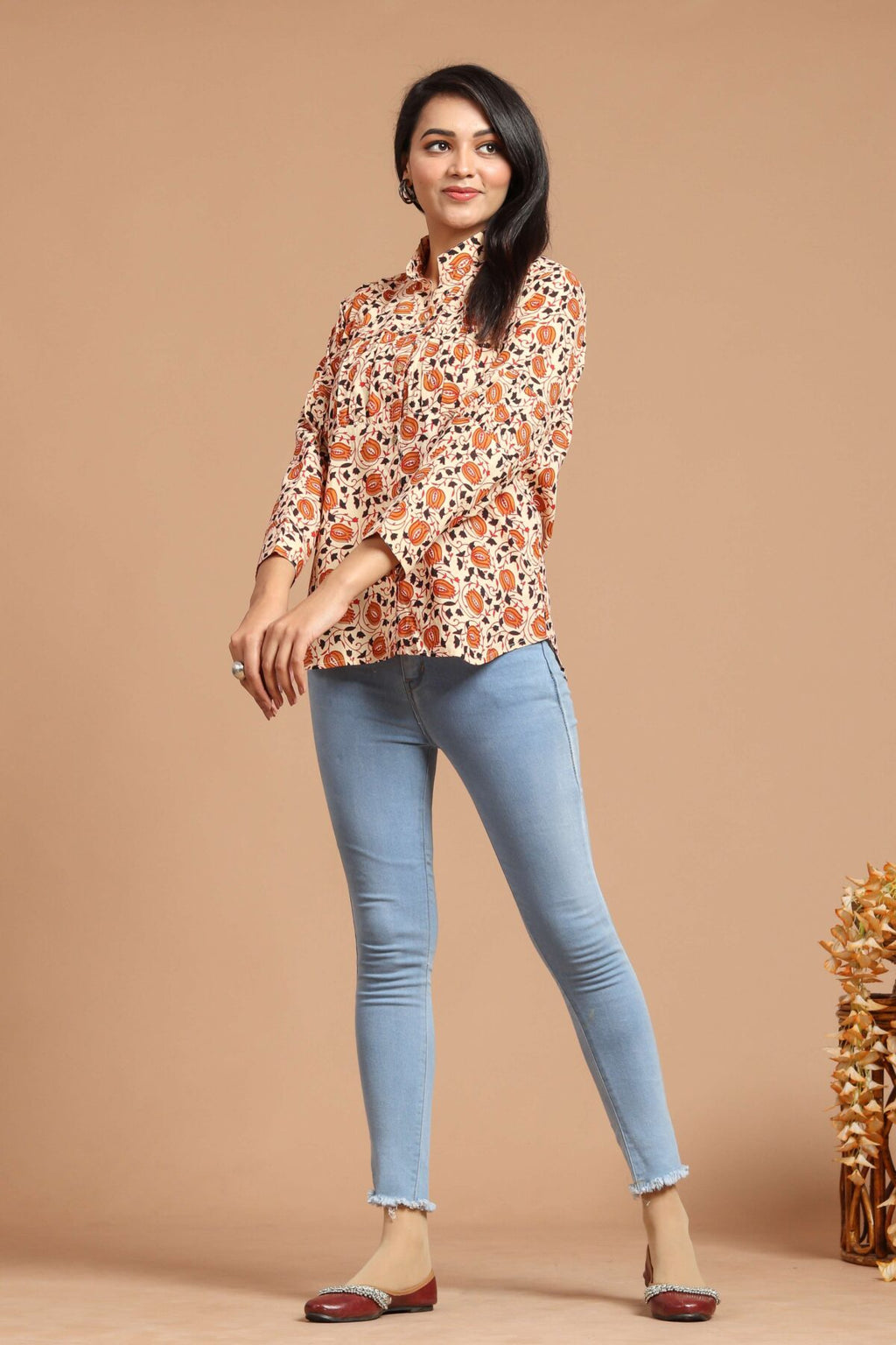 Women?s Peach Floral Printed Cotton Long Sleeve Shirt Top ? Casual & Office Wear