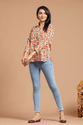 Women?s Peach Floral Printed Cotton Long Sleeve Shirt Top ? Casual & Office Wear