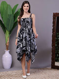 Women’s Black & White Leaf Print Cotton Handkerchief Hem Dress Midi Dresses