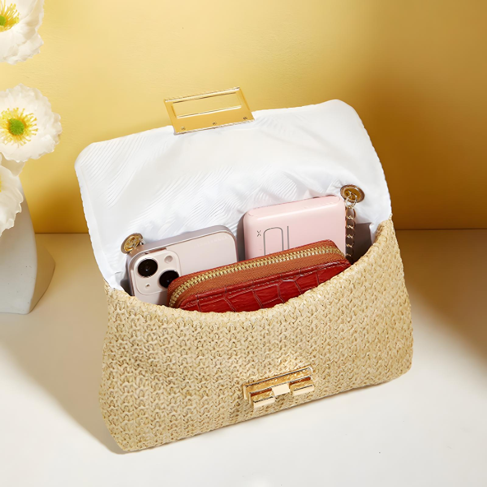 Straw Crossbody Bag With Gold Chain