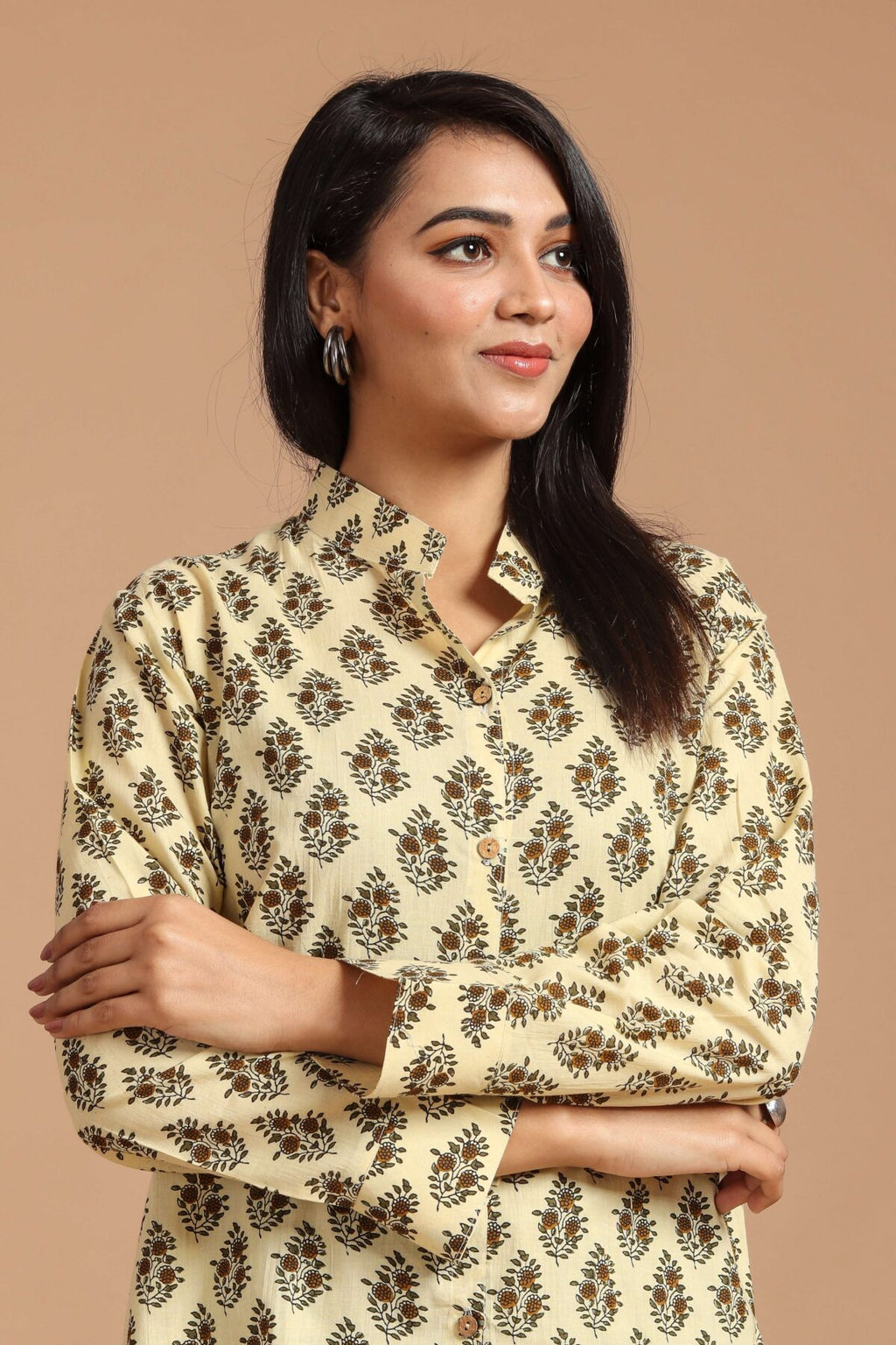 Women?s Yellow Floral Printed Cotton Long Sleeve Shirt Top ? Casual & Office Wear