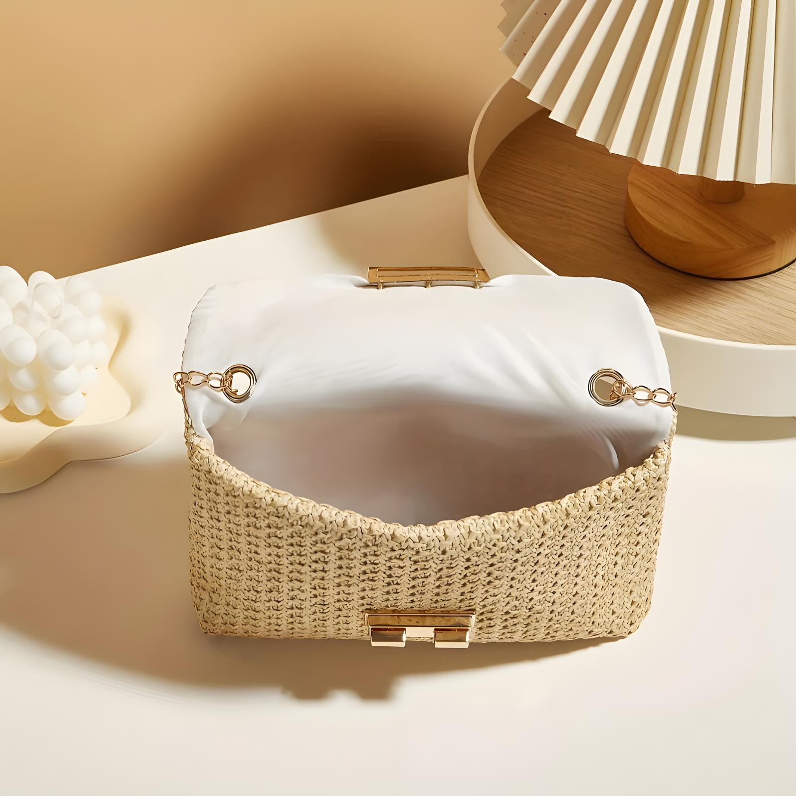 Straw Crossbody Bag With Gold Chain