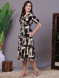 Women’s Beige & Black Abstract Print Cotton Shirt Dress Midi Dresses