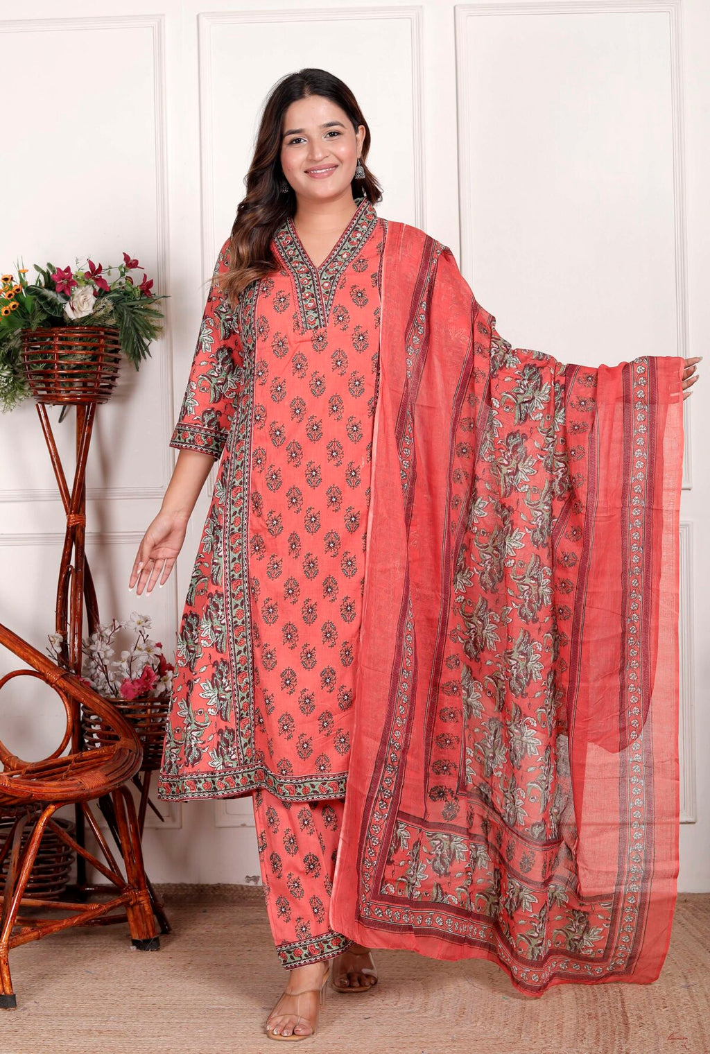 Women’s Cotton Printed Straight Kurti With Pant and Dupatta Set (PEACH)
