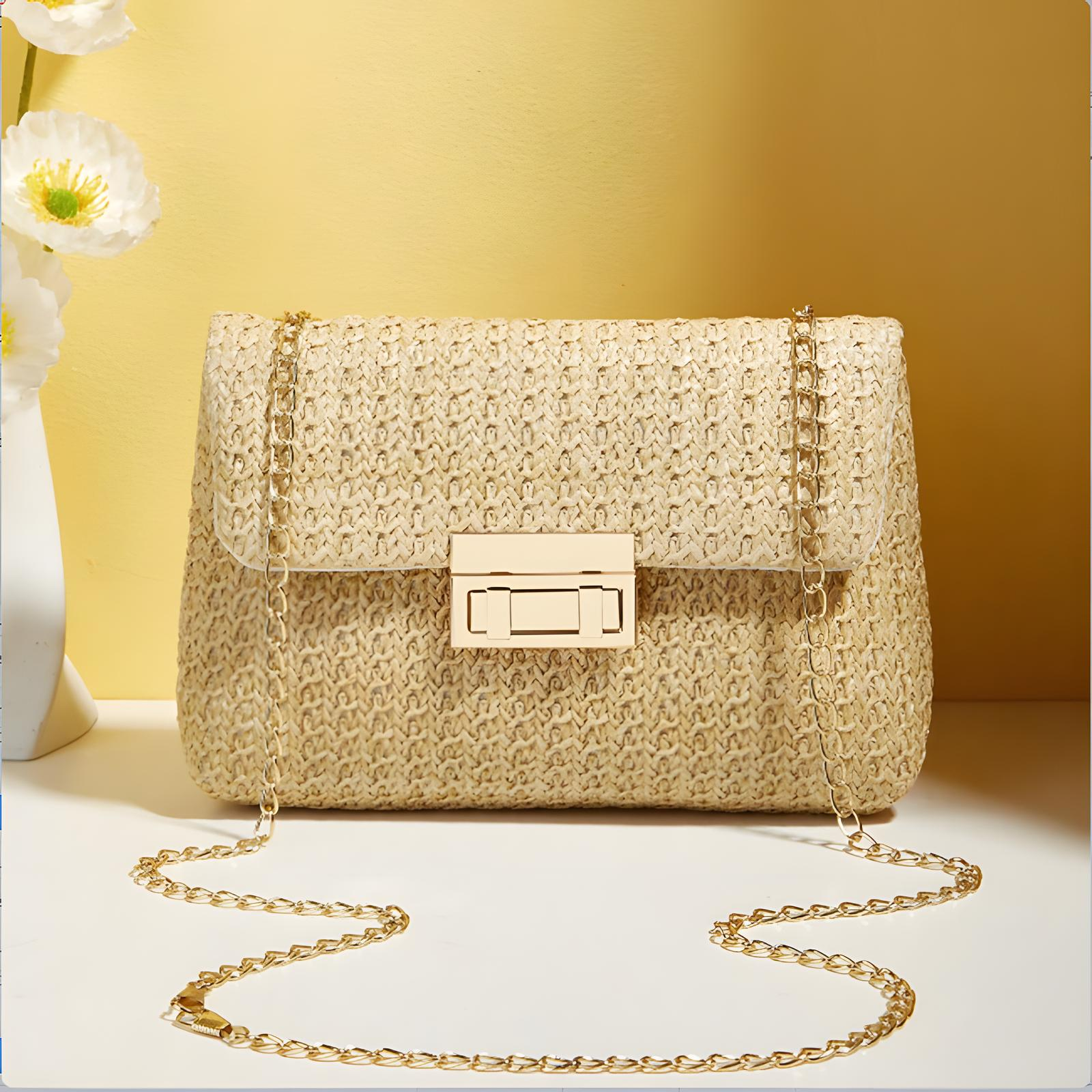 Straw Crossbody Bag With Gold Chain