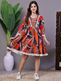 Women’s Multicolor Printed Cotton A-Line Dress with Embroidered Yoke Midi Dresses