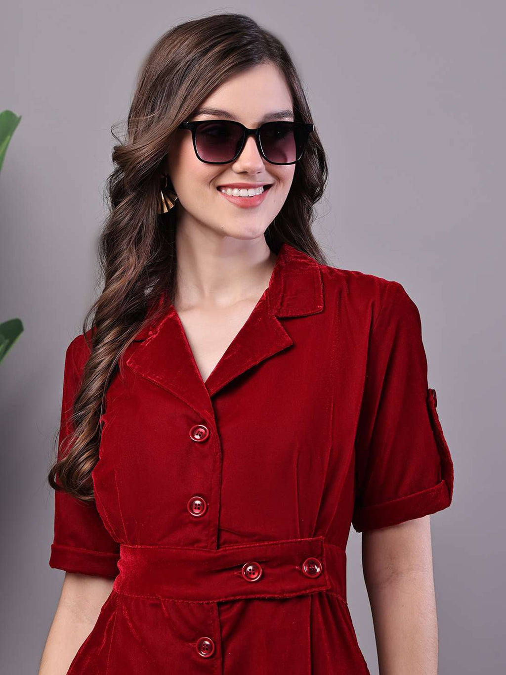 Women’s Maroon Velvet Solid Printed Shirt Midi Dress with Belt