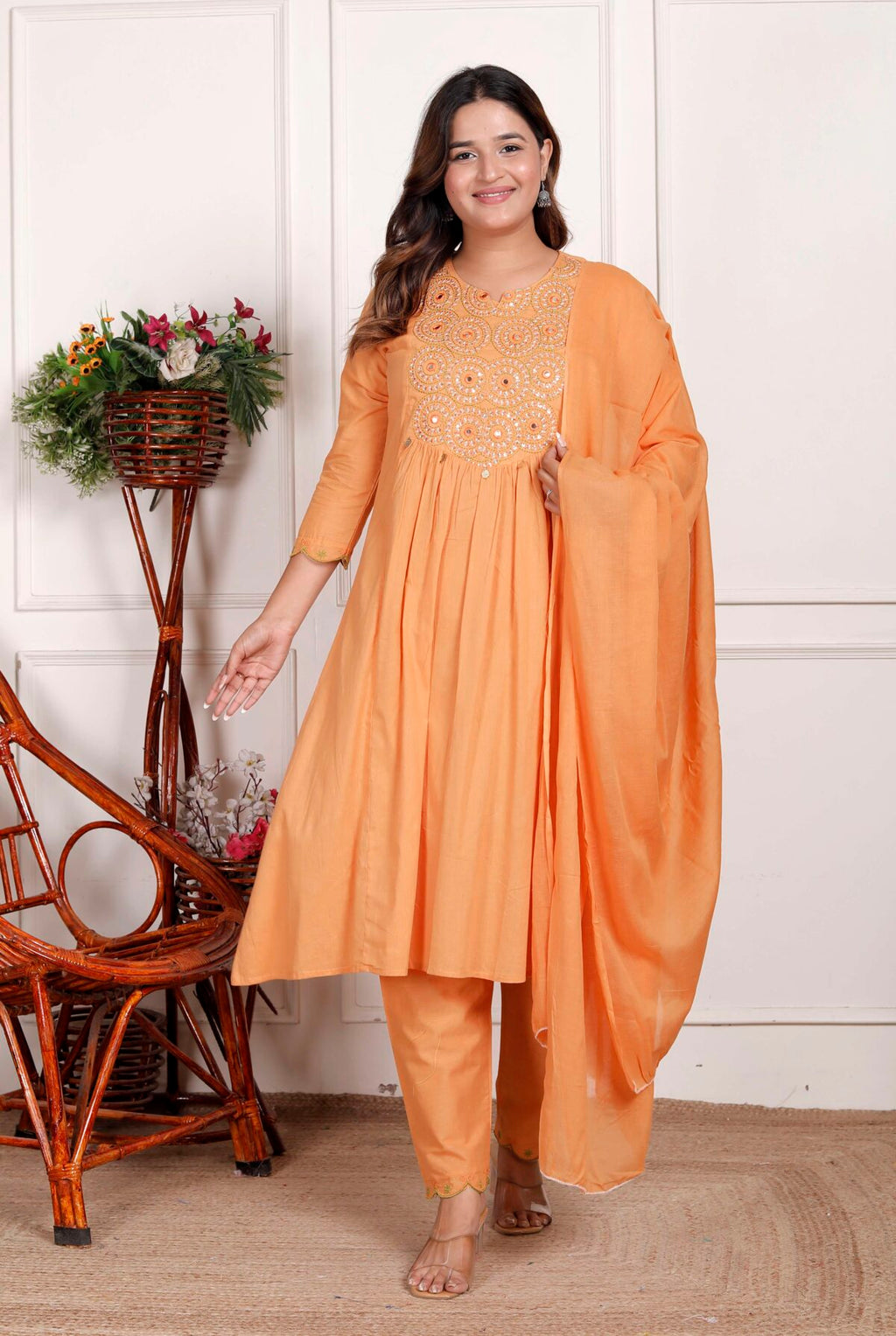 Women’s Cotton Embroidered Anarkali Kurti With Pant and Dupatta Set (ORANGE)