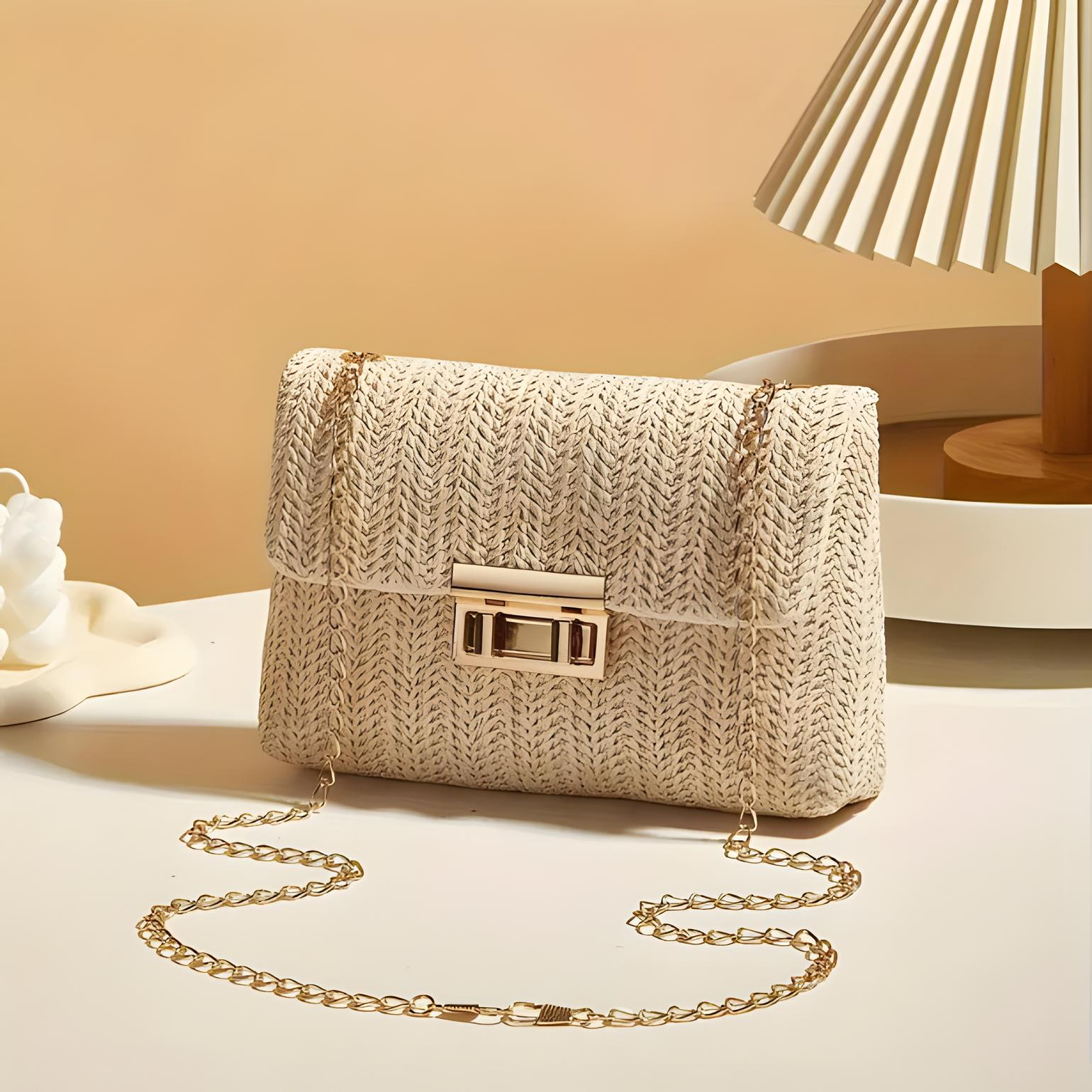 Straw Crossbody Bag With Gold Chain