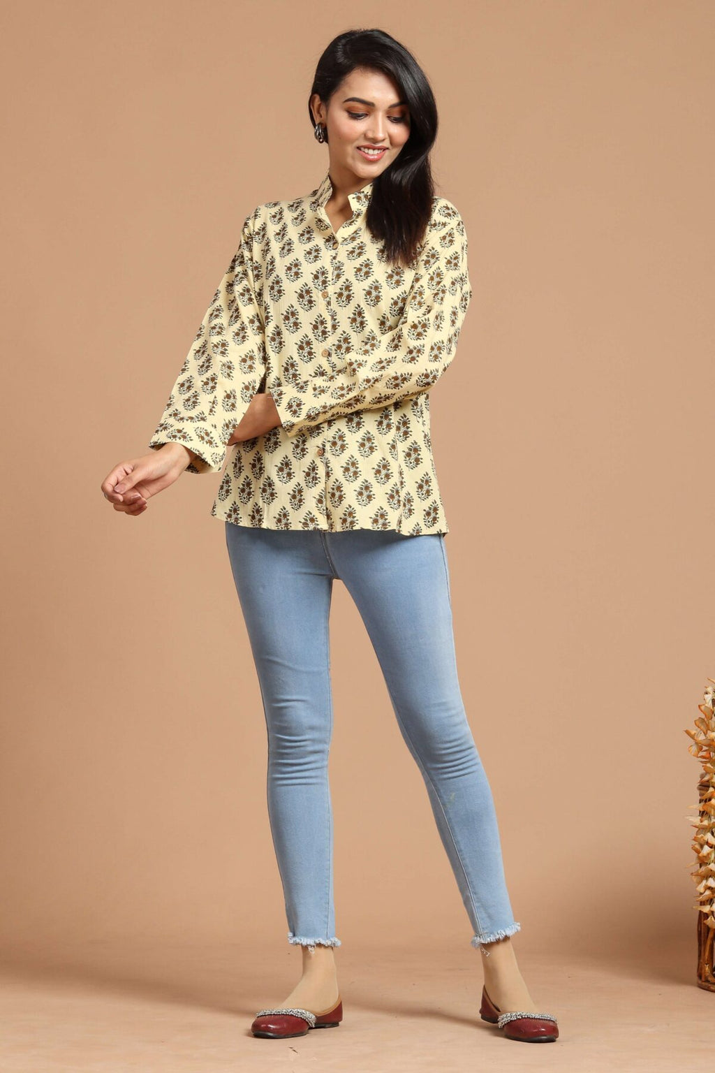 Women?s Yellow Floral Printed Cotton Long Sleeve Shirt Top ? Casual & Office Wear