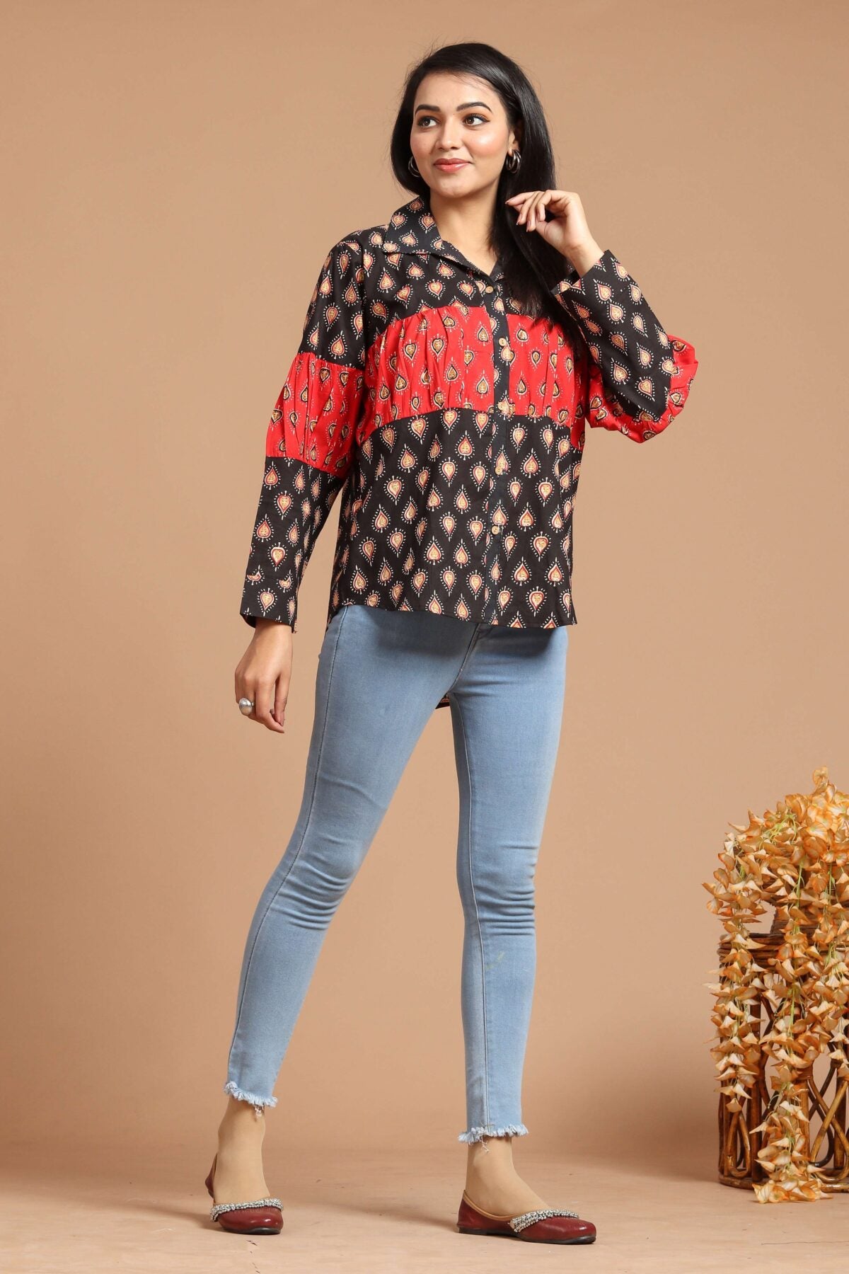 Black & Red Printed Long Sleeve Cotton Top for Women ? Stylish Casual Shirt Style