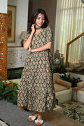 Green Floral Printed Cotton Anarkali Maxi Dress with Puff Sleeves Elegant Casual Wear