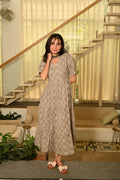 Beige Cotton Anarkali Maxi Dress with Swirl Print & V-Neck Stylish Casual Wear