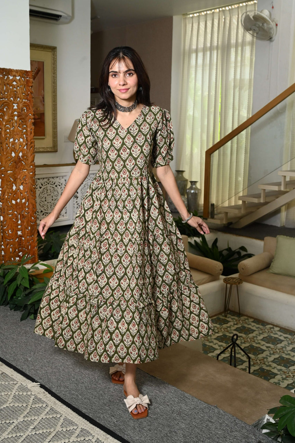 Green Floral Printed Cotton Anarkali Maxi Dress with Puff Sleeves Elegant Casual Wear