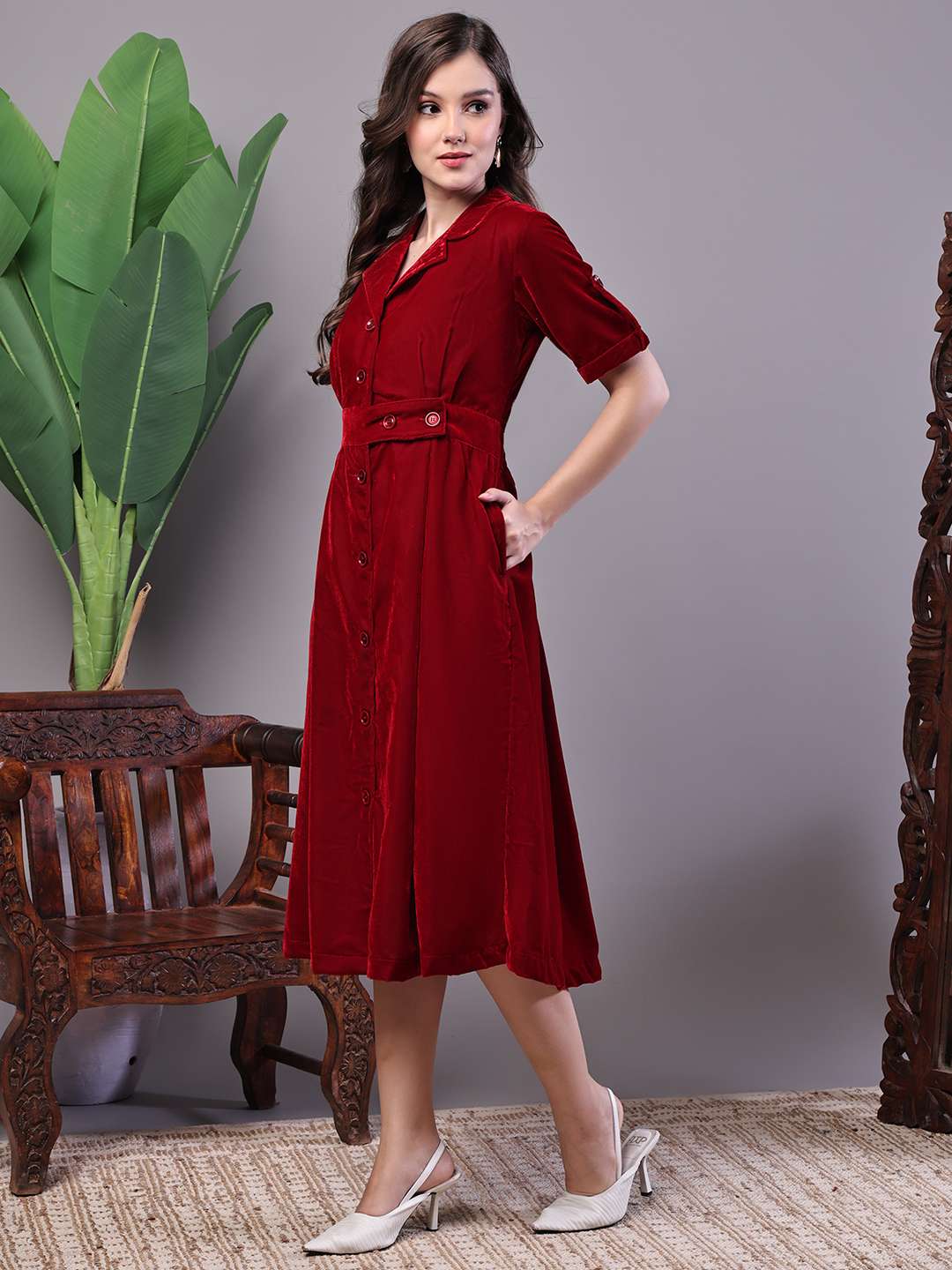 Women’s Maroon Velvet Solid Printed Shirt Midi Dress with Belt