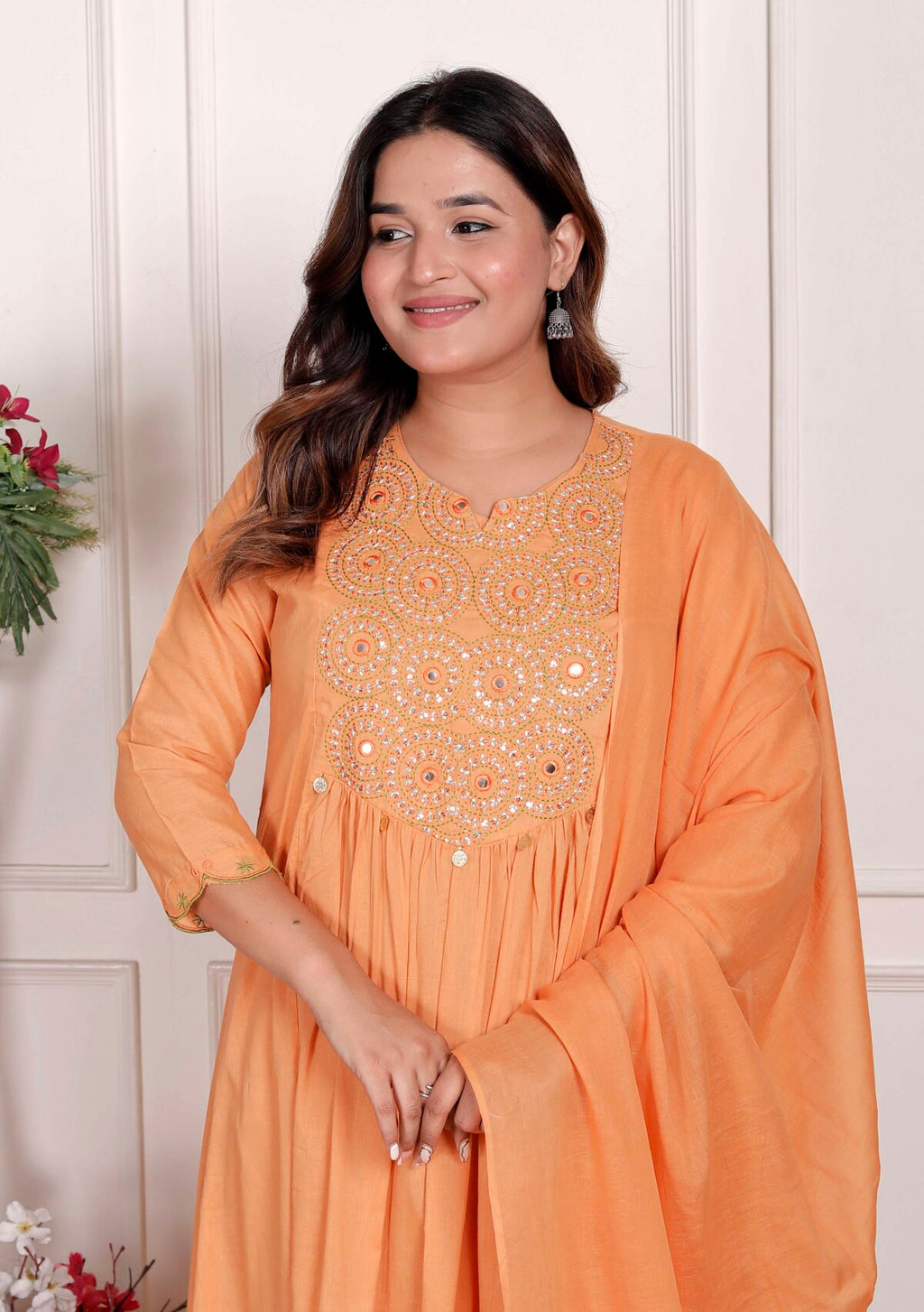 Women’s Cotton Embroidered Anarkali Kurti With Pant and Dupatta Set (ORANGE)