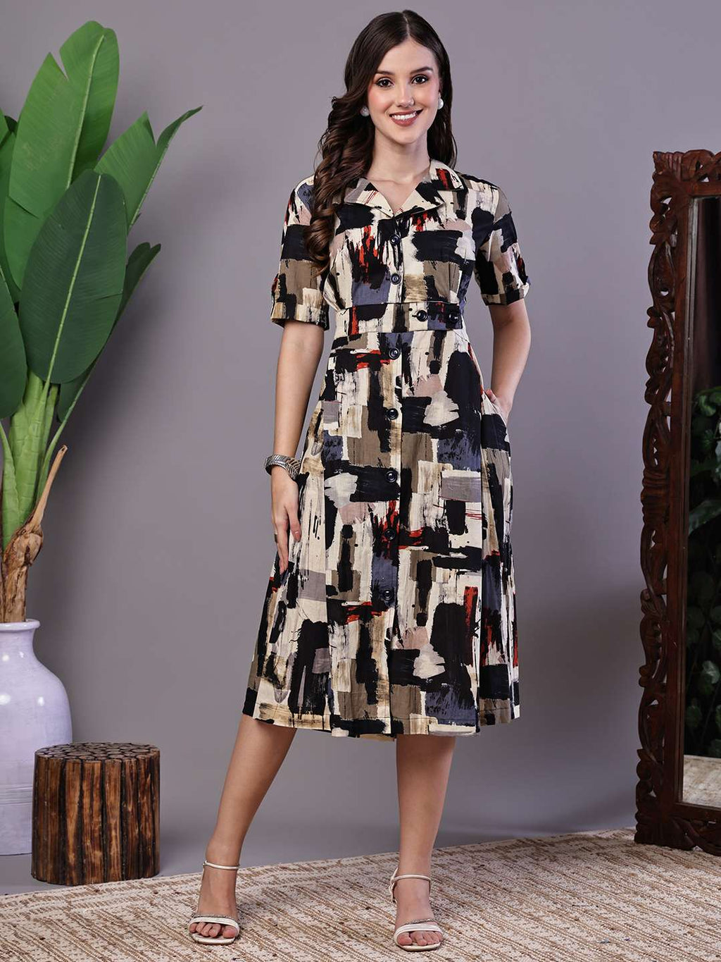 Women’s Beige & Black Abstract Print Cotton Shirt Dress Midi Dresses