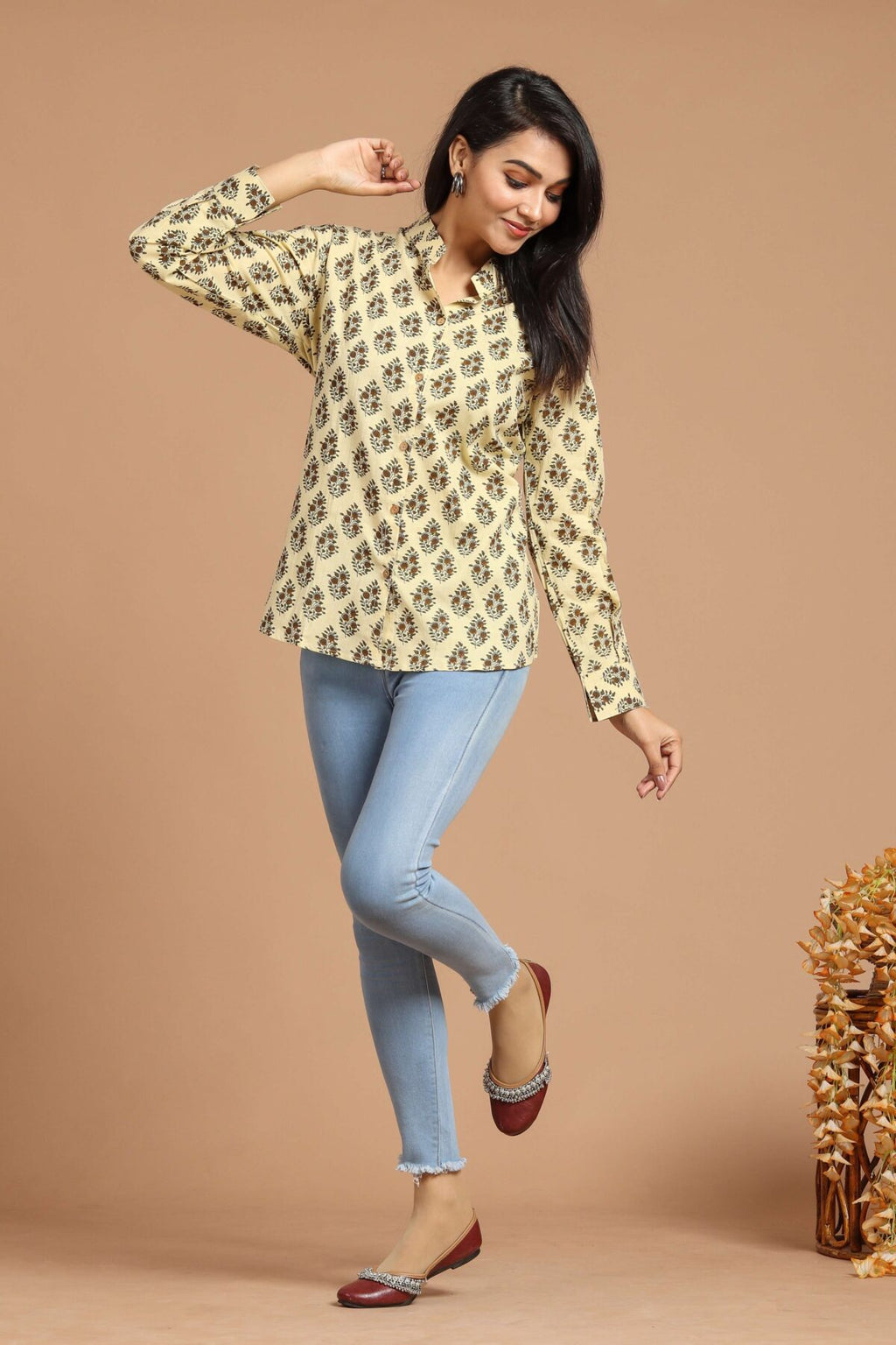 Women?s Yellow Floral Printed Cotton Long Sleeve Shirt Top ? Casual & Office Wear