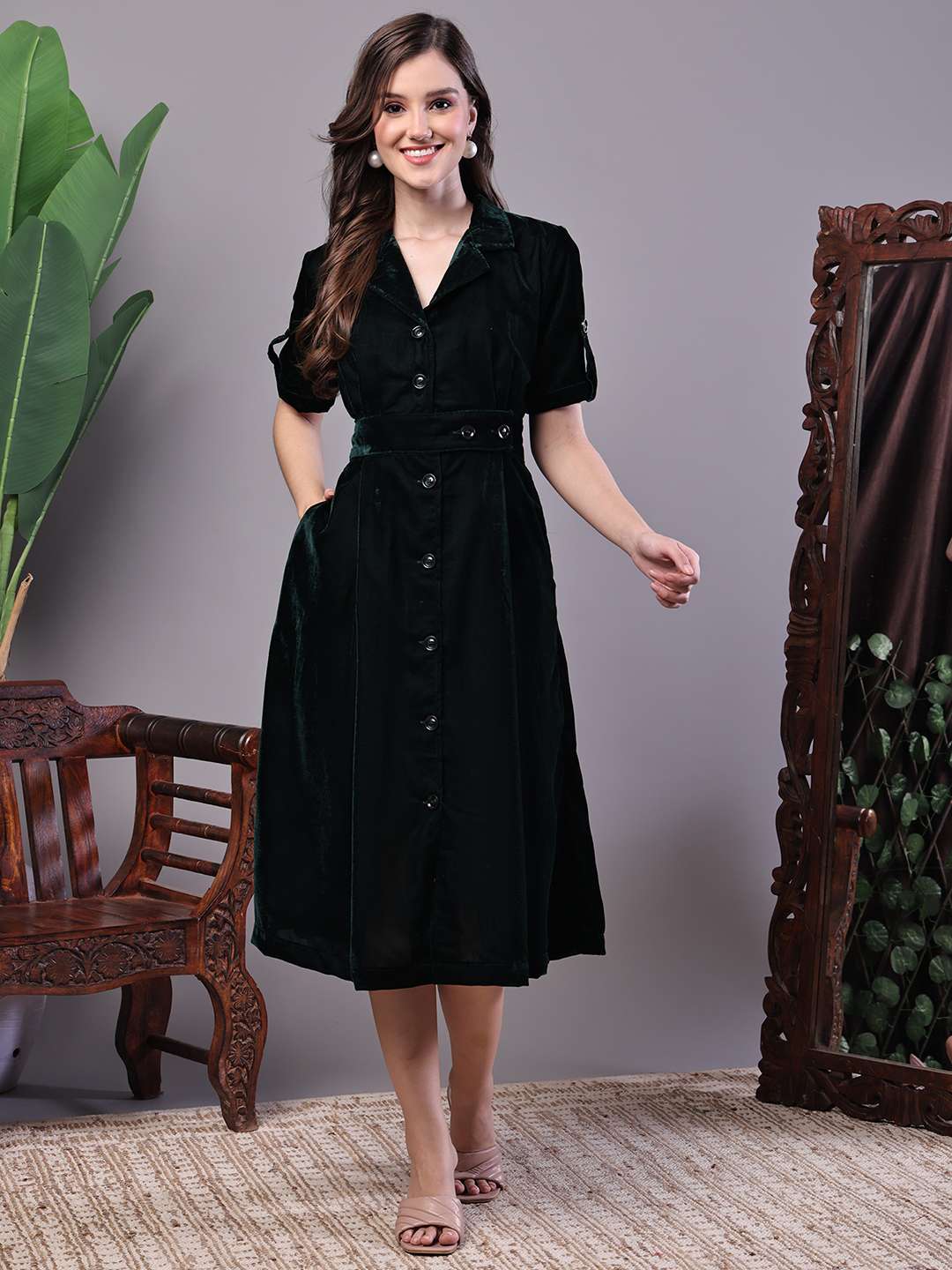 Women’s Black Velvet Solid Printed Shirt Midi Dress with Belt