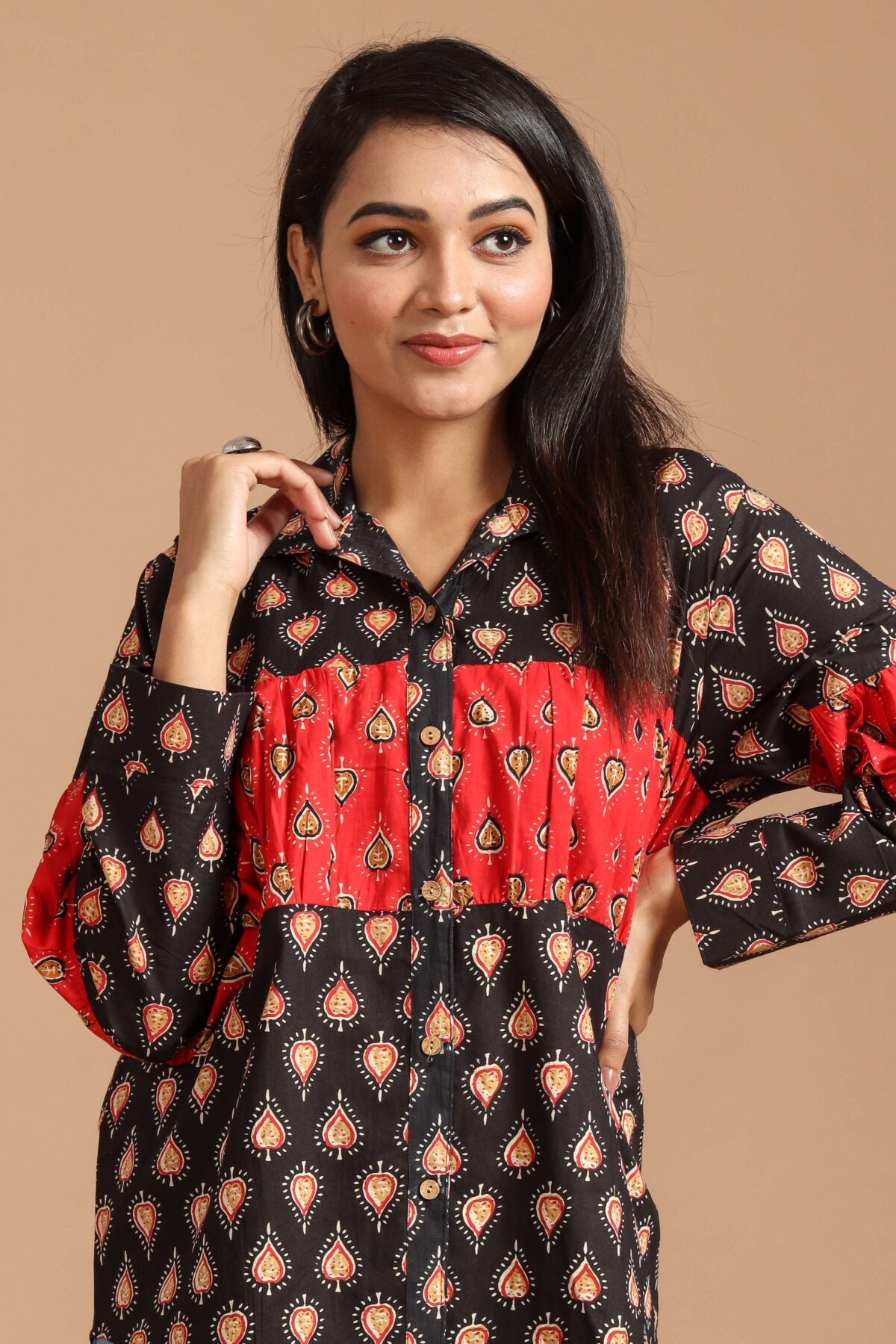Black & Red Printed Long Sleeve Cotton Top for Women ? Stylish Casual Shirt Style
