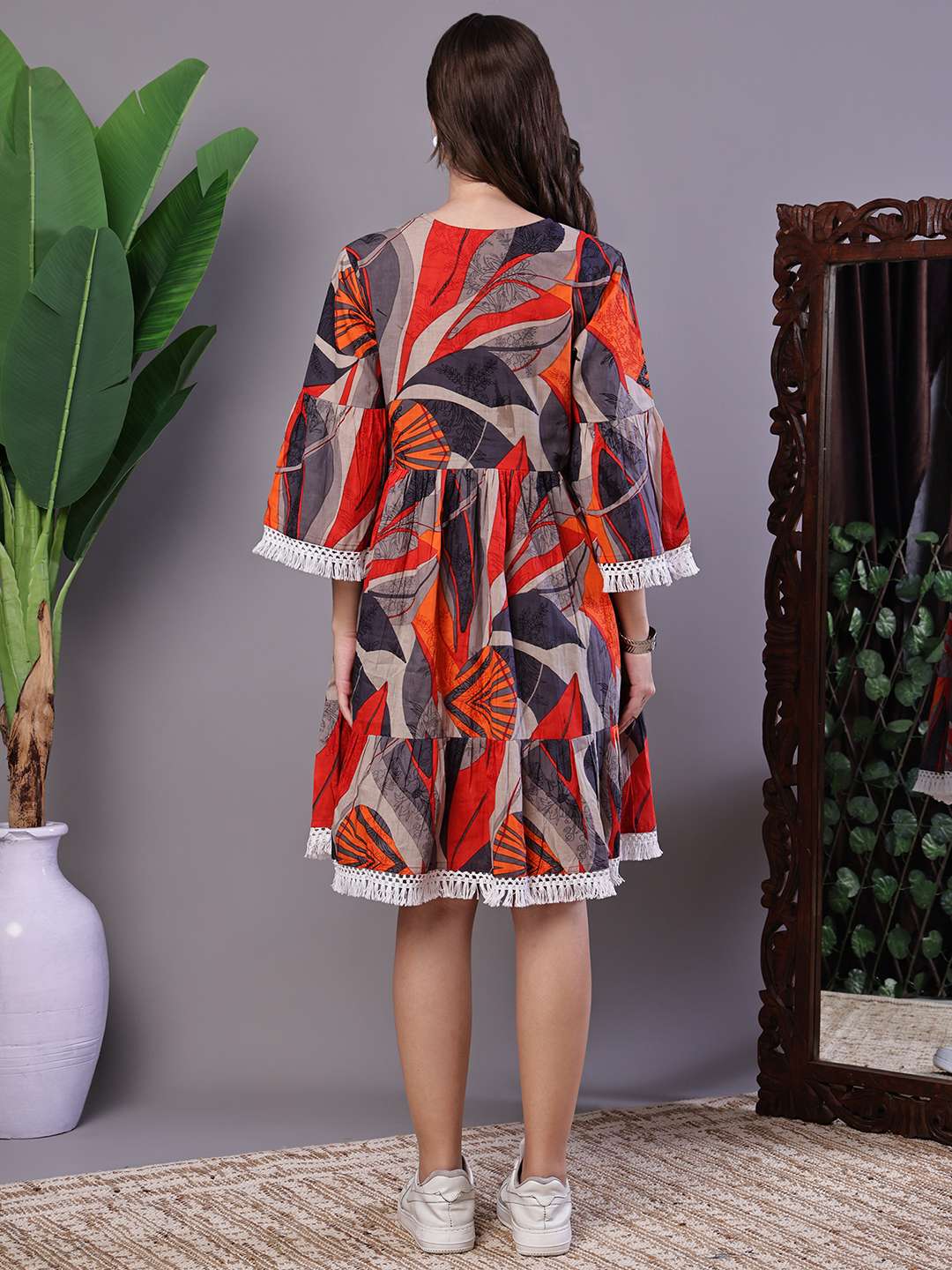 Women’s Multicolor Printed Cotton A-Line Dress with Embroidered Yoke Midi Dresses