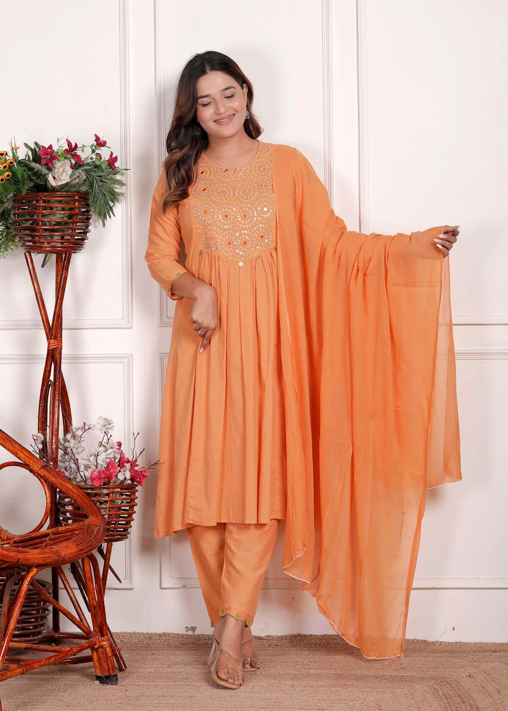Women’s Cotton Embroidered Anarkali Kurti With Pant and Dupatta Set (ORANGE)