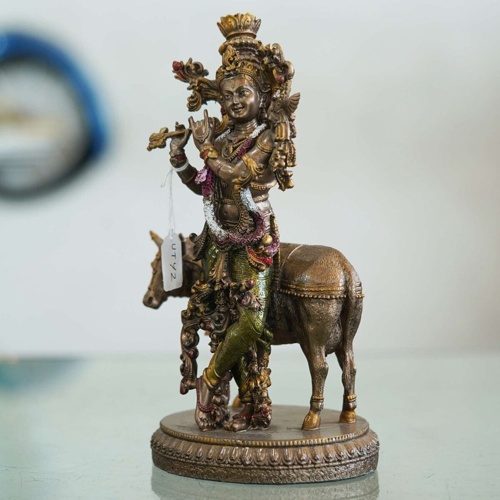 Veronese Design Krishna Playing Flute with Cow Statue