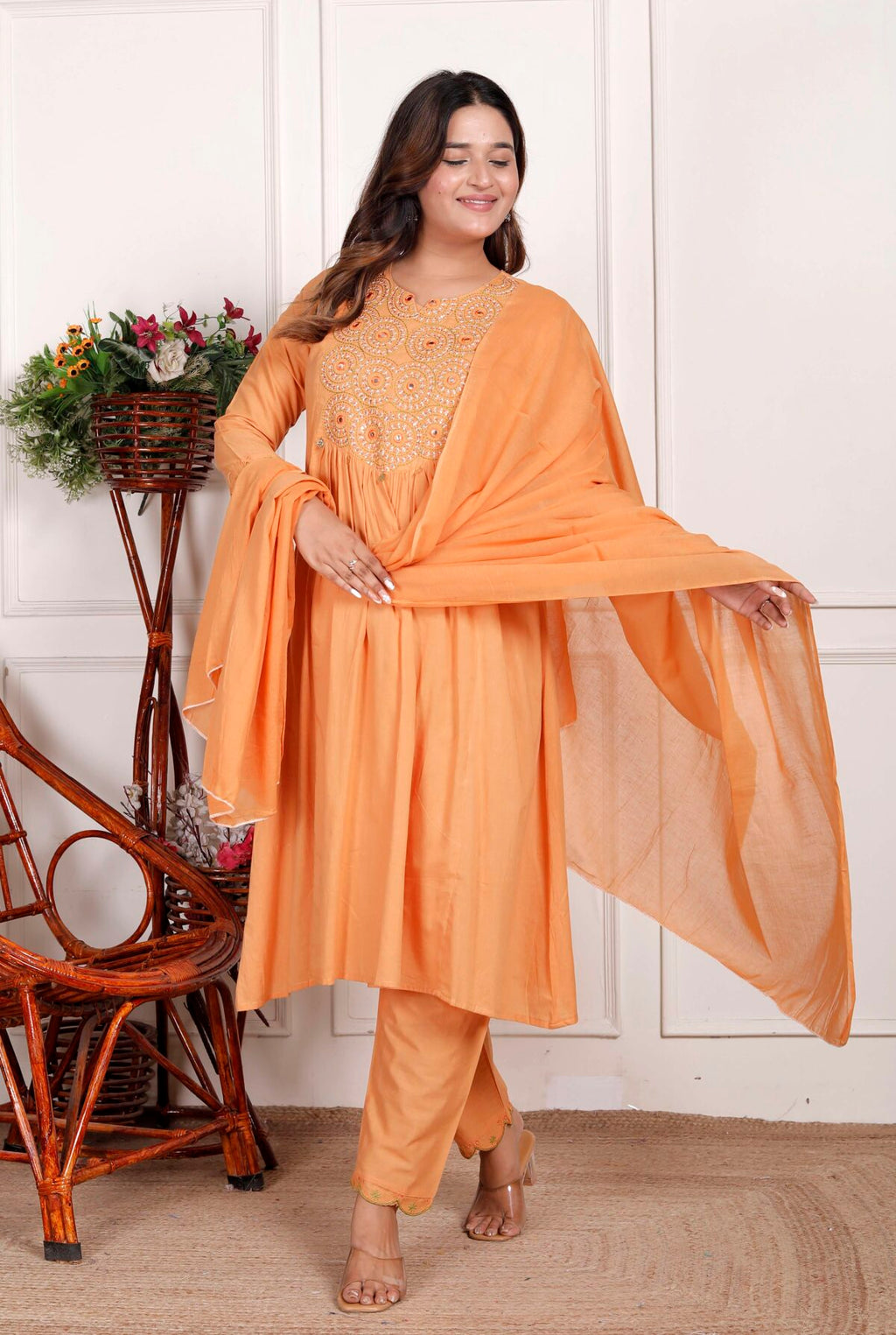 Women’s Cotton Embroidered Anarkali Kurti With Pant and Dupatta Set (ORANGE)