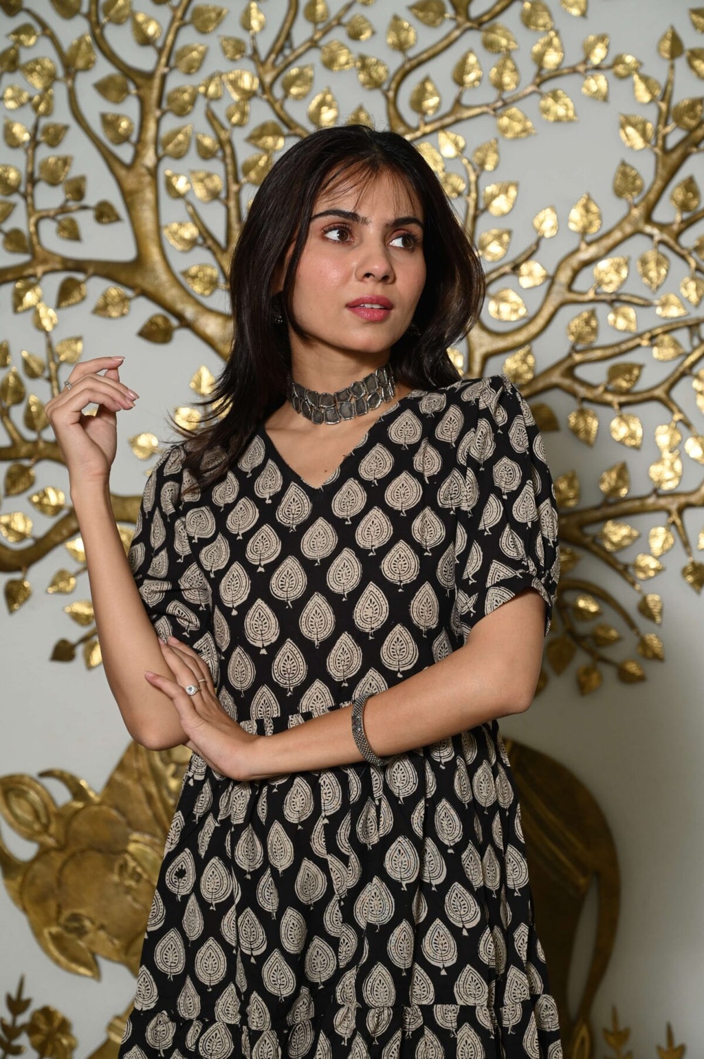 Black Printed Cotton Anarkali Maxi Dress with Puff Sleeves Elegant Casual Wear
