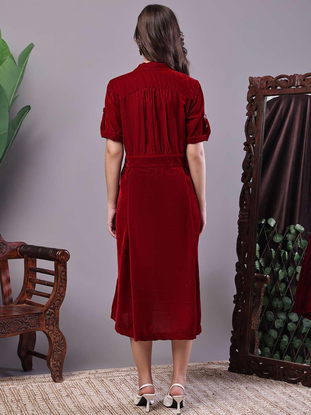 Women’s Maroon Velvet Solid Printed Shirt Midi Dress with Belt
